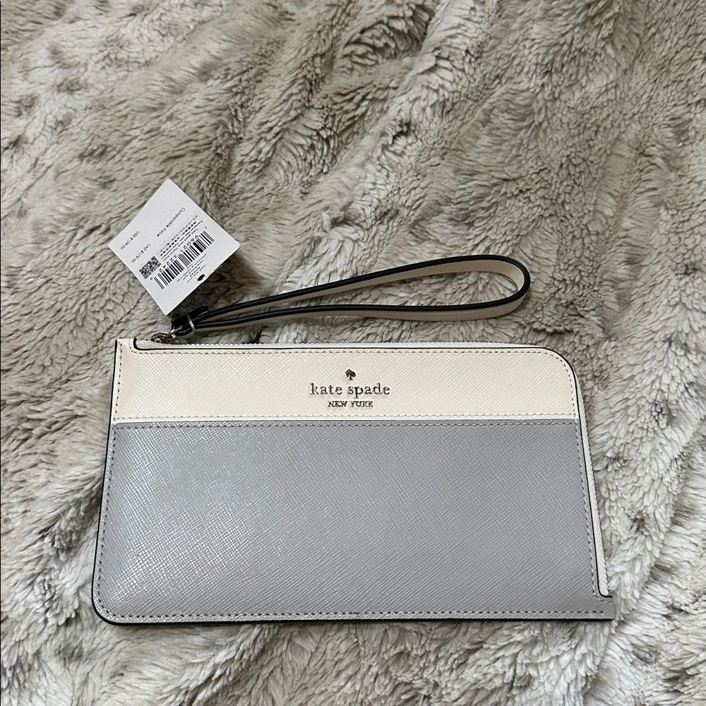 Kate Spade Lucy Med L Zip Platinum & White Colorblock Wristlet New with Tags